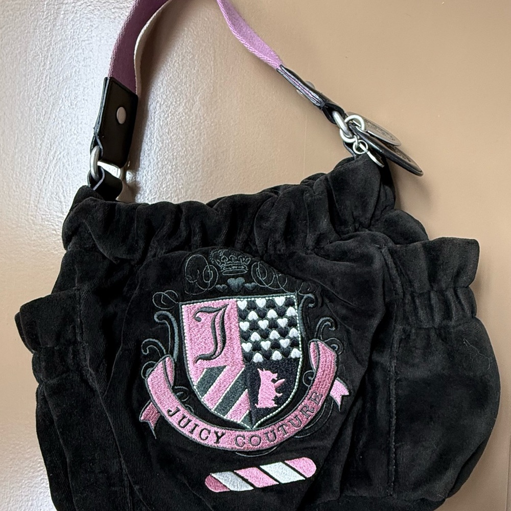 Juicy Couture Black Velvet Bag with Pink Crest